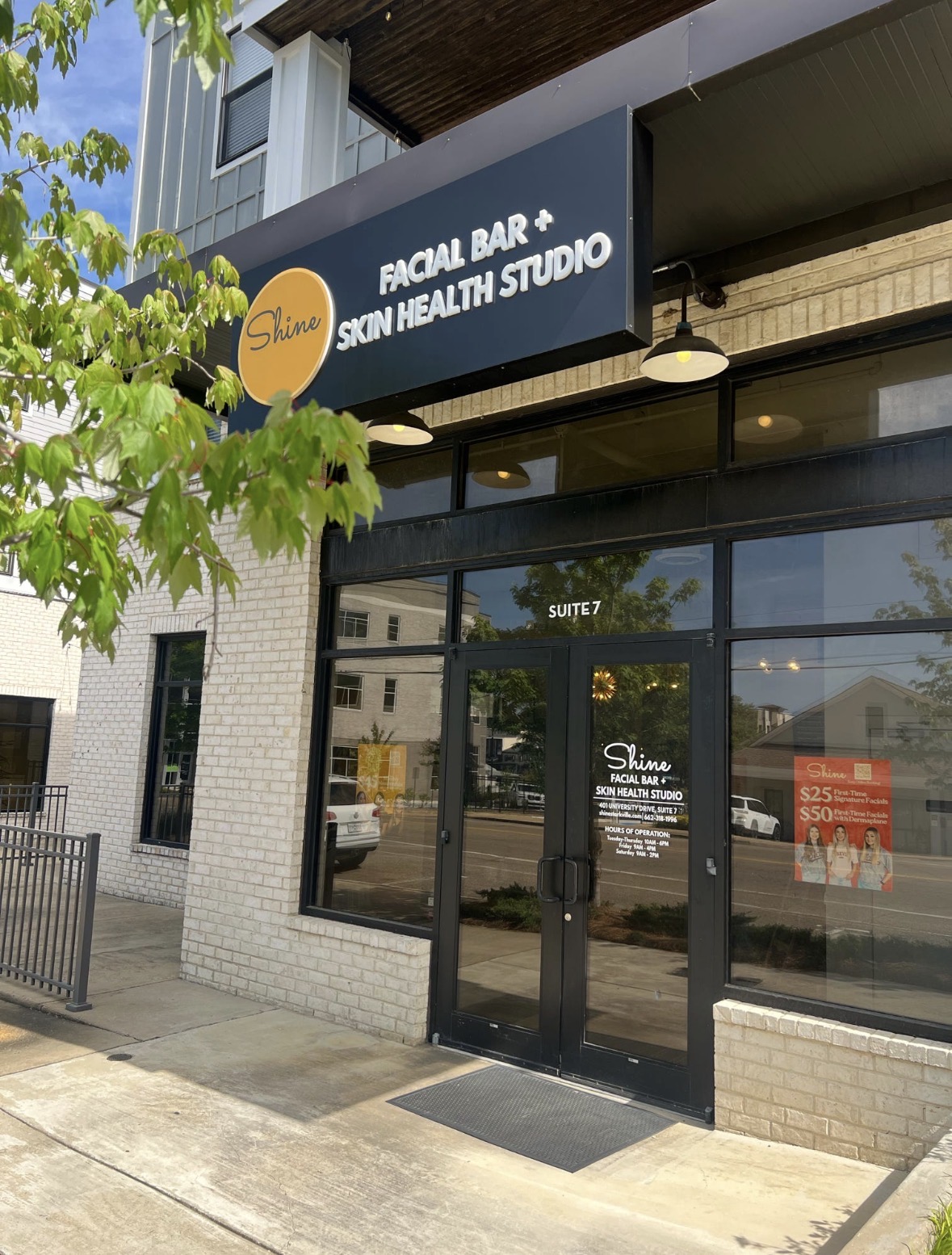 The Shine Facial Bar + Skin Health Studio storefront in Starkville, Mississippi